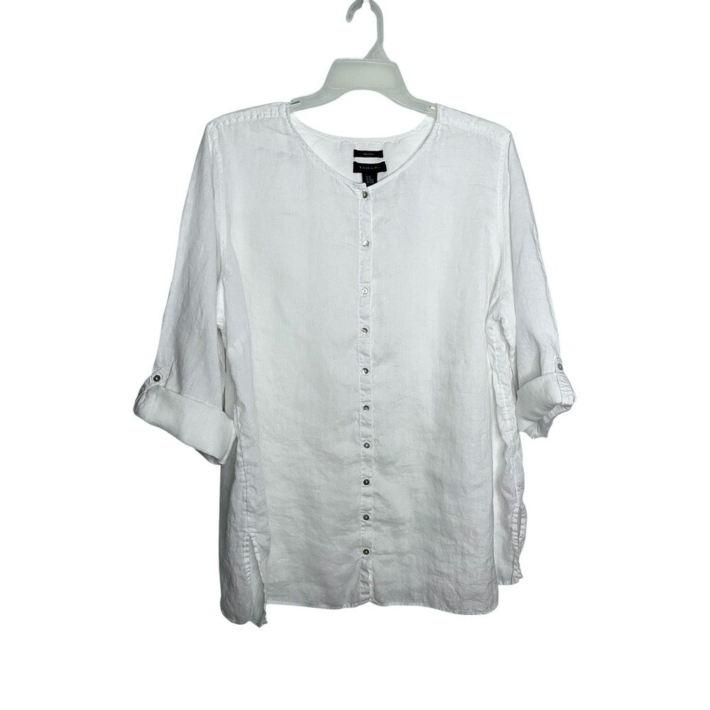 Tahari Womens White 100% Linen Button Up Tunic Blouse Roll Tab Sleeve Plus 3X